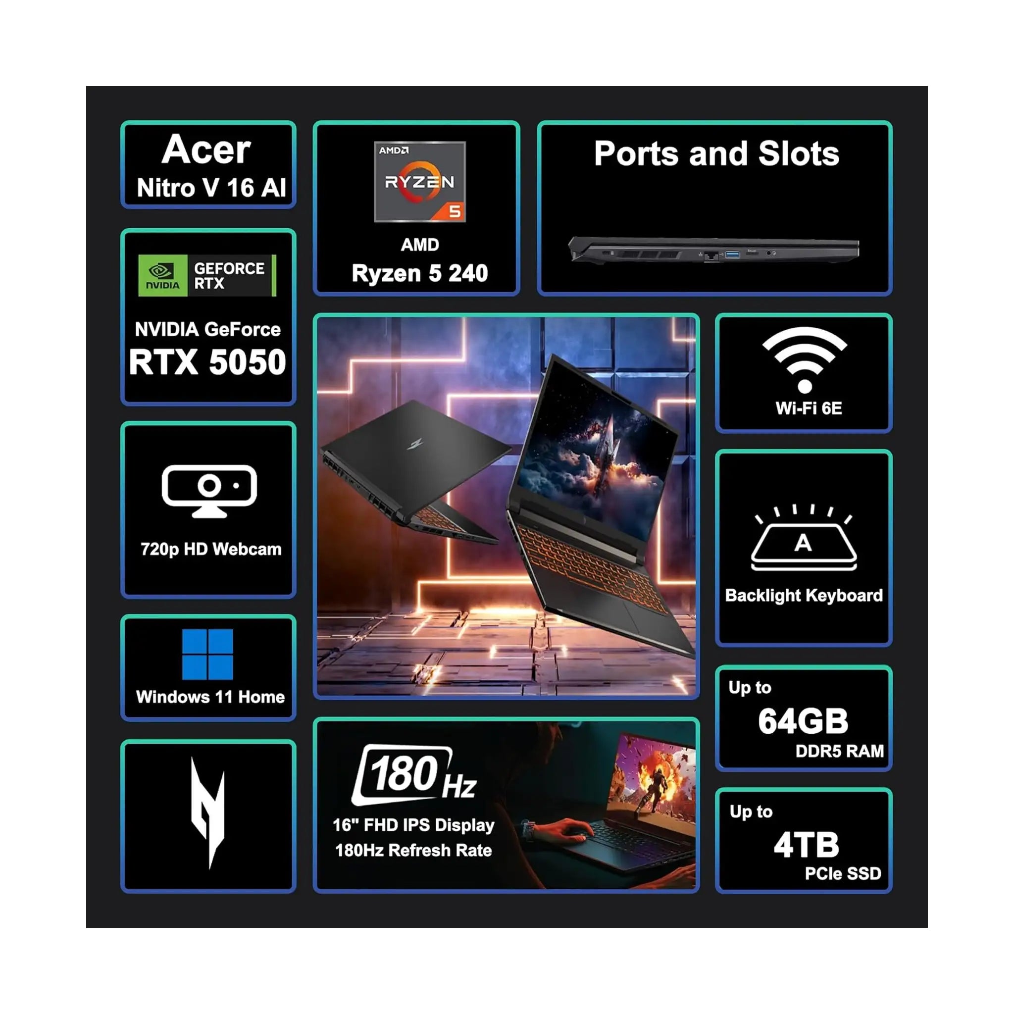 Acer Nitro V 16 AI Gaming Laptop (2025) – 16" WUXGA IPS 180Hz, GeForce RTX 5050