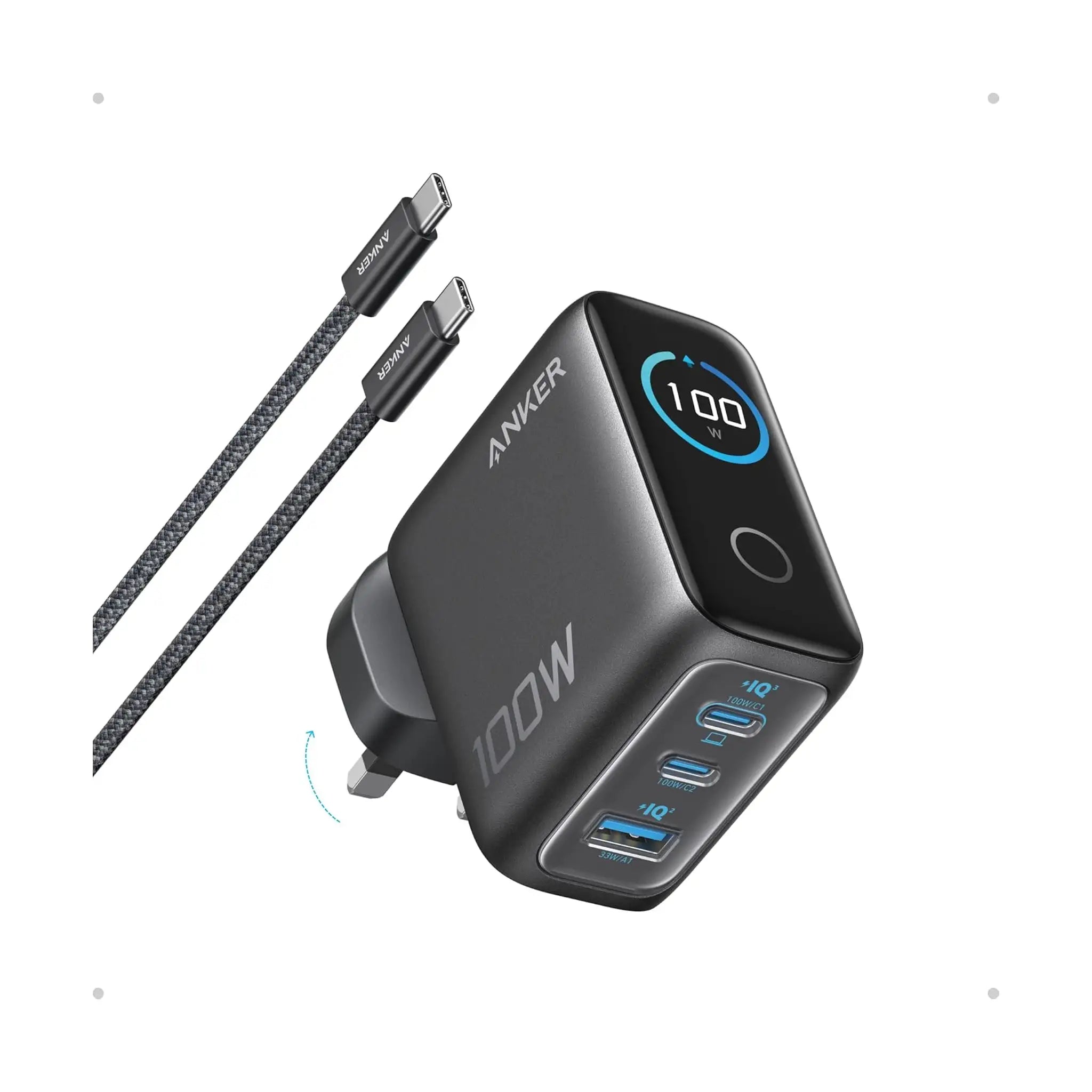 Anker 100W USB-C GaN Charger – 3-Port Ultra-Compact Wall Adapter with Smart Display