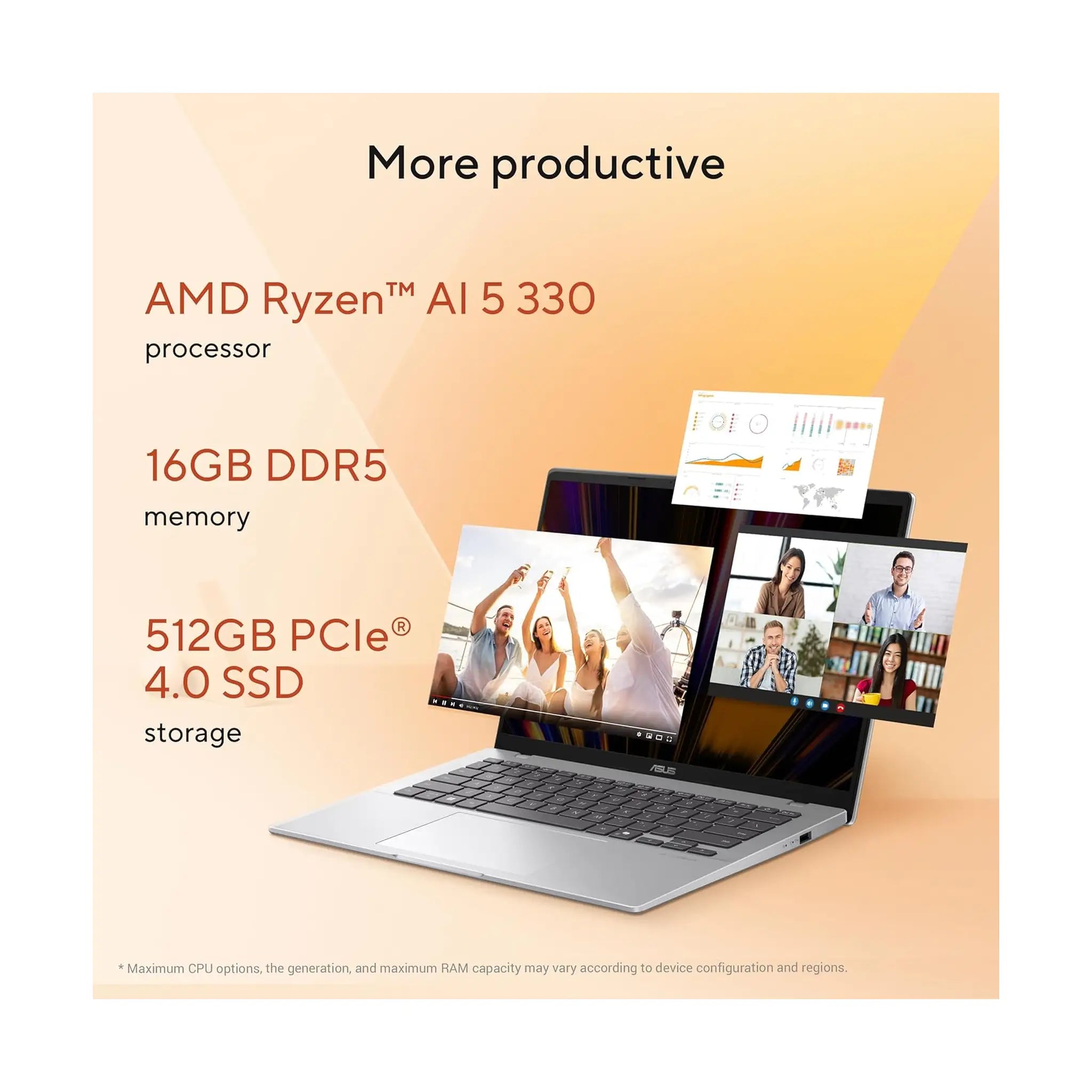 ASUS Vivobook 14 AI PC (2025) M1407KA – 14" WUXGA, Ryzen AI 5 330, 16GB RAM, 512GB SSD, Windows 11, Platinum Gold