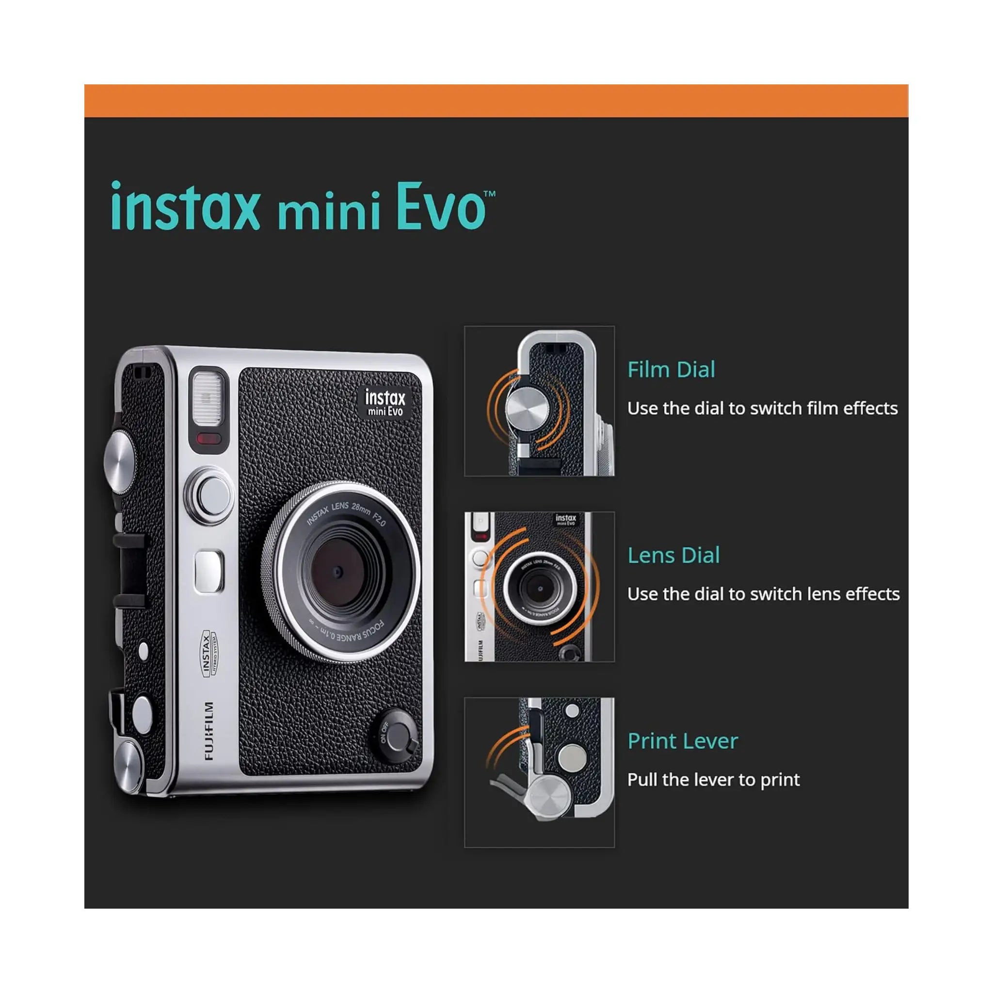 Fujifilm Instax Mini Evo Hybrid Instant Camera Bundle – Black, with 2x Mini Twin Pack Film
