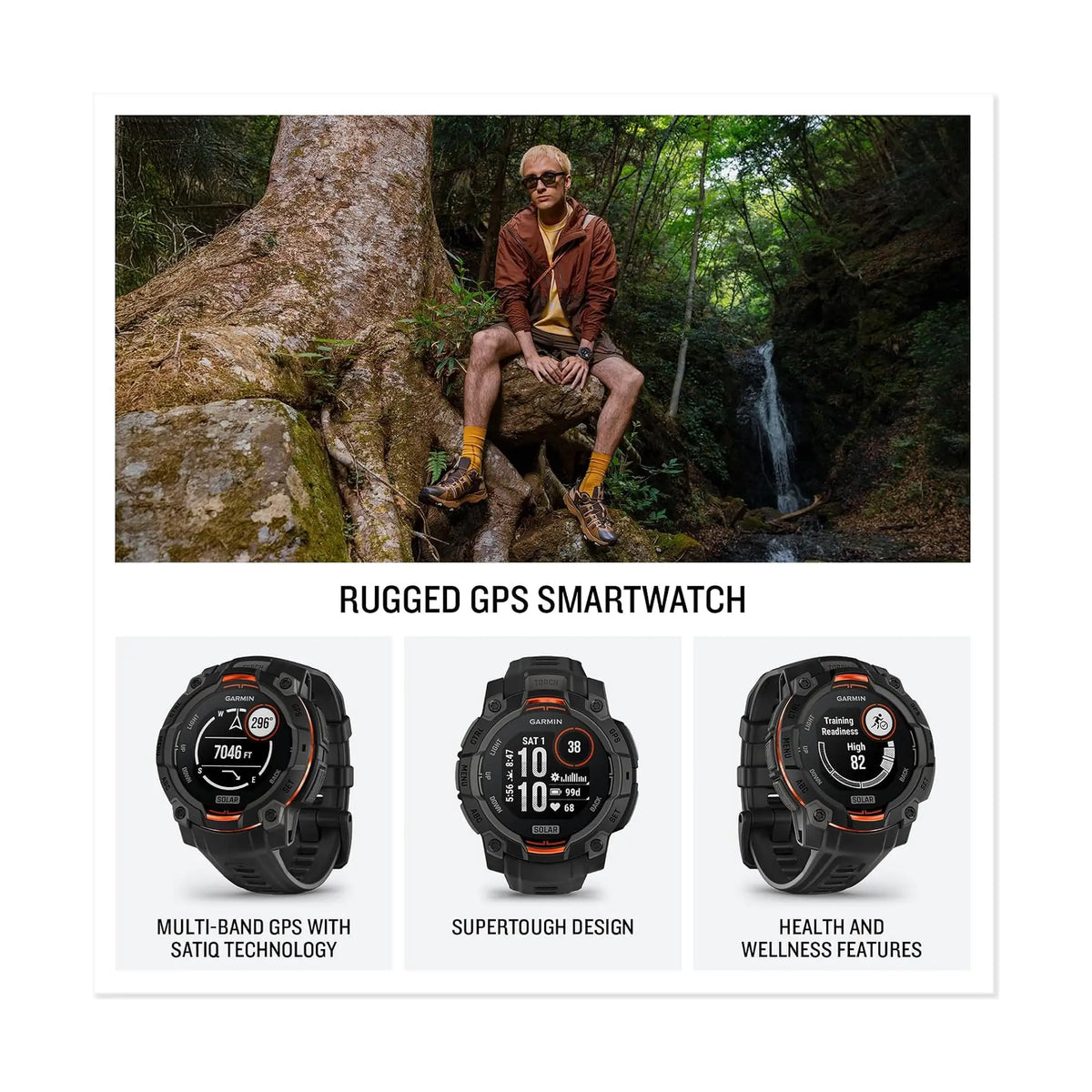 Garmin Instinct 3 Solar 45mm Rugged GPS Smartwatch – Solar Charging, Unlimited Battery in Smartwatch Mode, Built-in Flashlight, Black