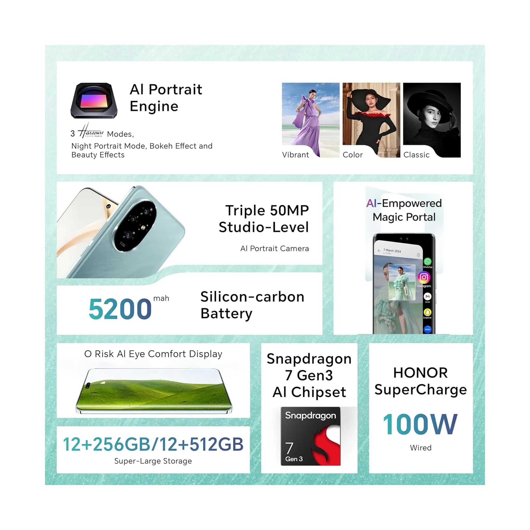 HONOR 200 5G Smartphone – Dual SIM, 12GB RAM, 256GB Storage, Emerald Green