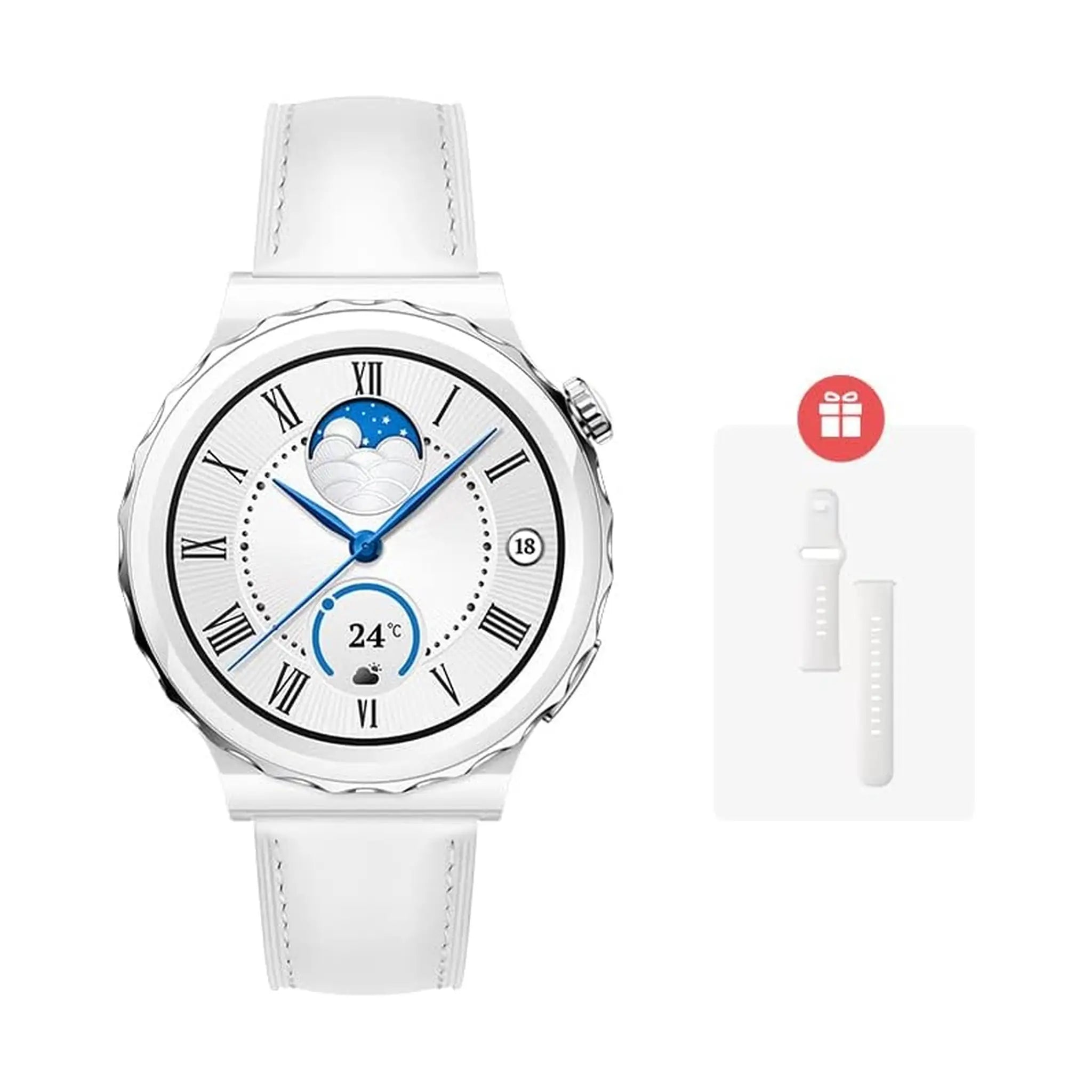 #Strap Material_White Ceramic Case, White Leather Strap