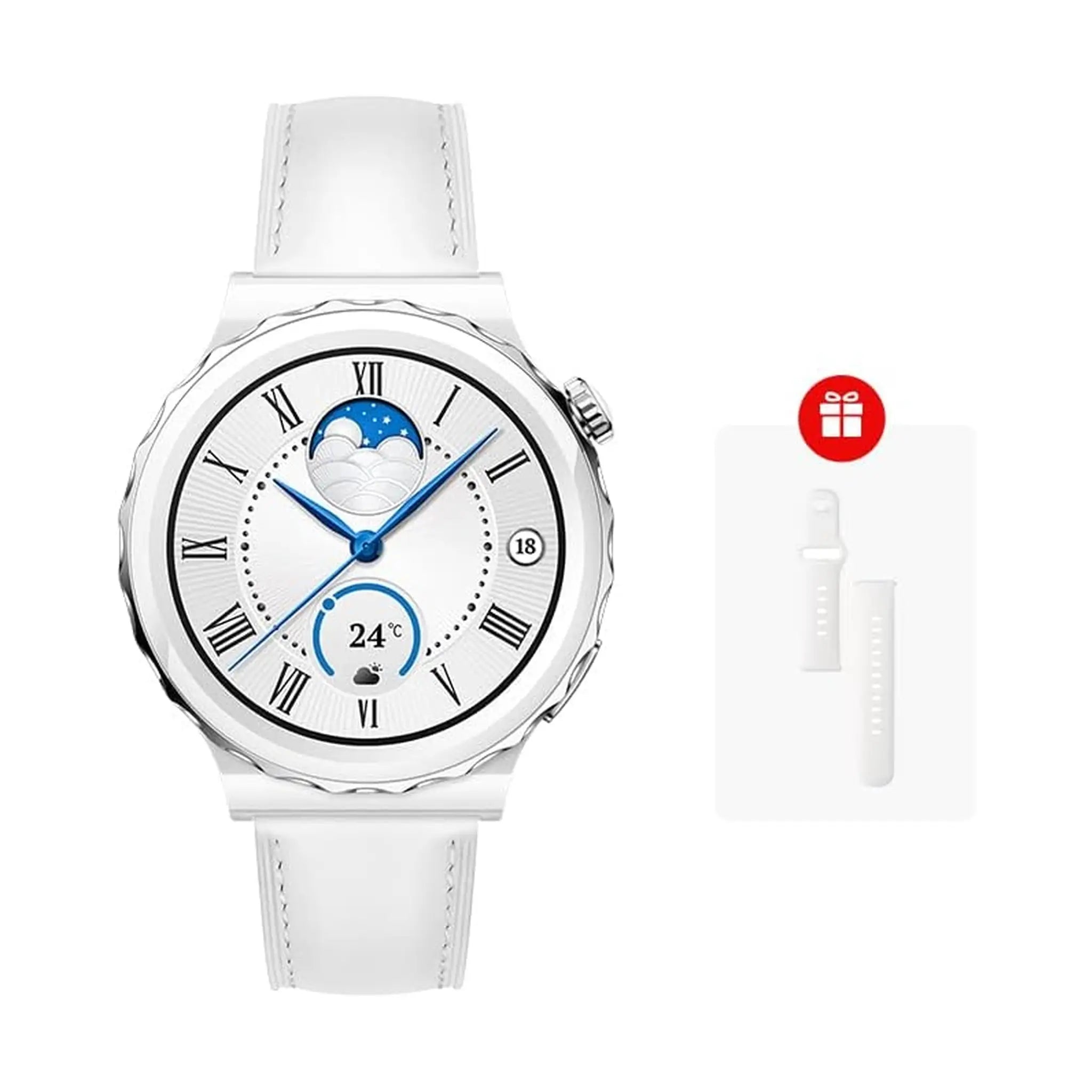 #Strap Material_White Ceramic Case, White Leather Strap