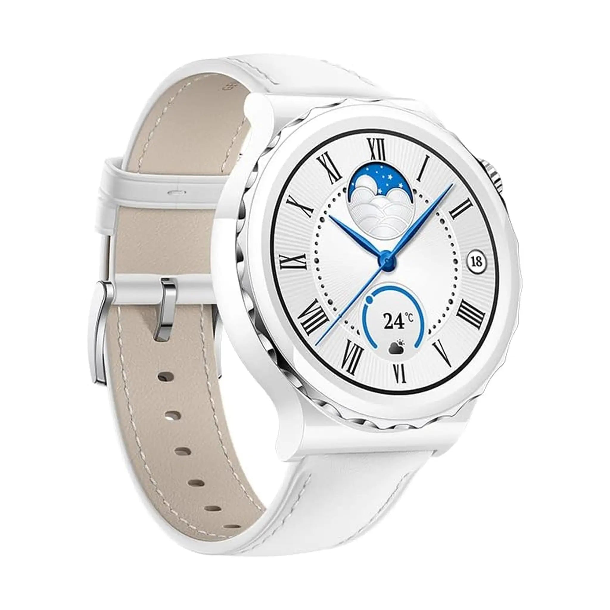 #Strap Material_White Ceramic Case, White Leather Strap