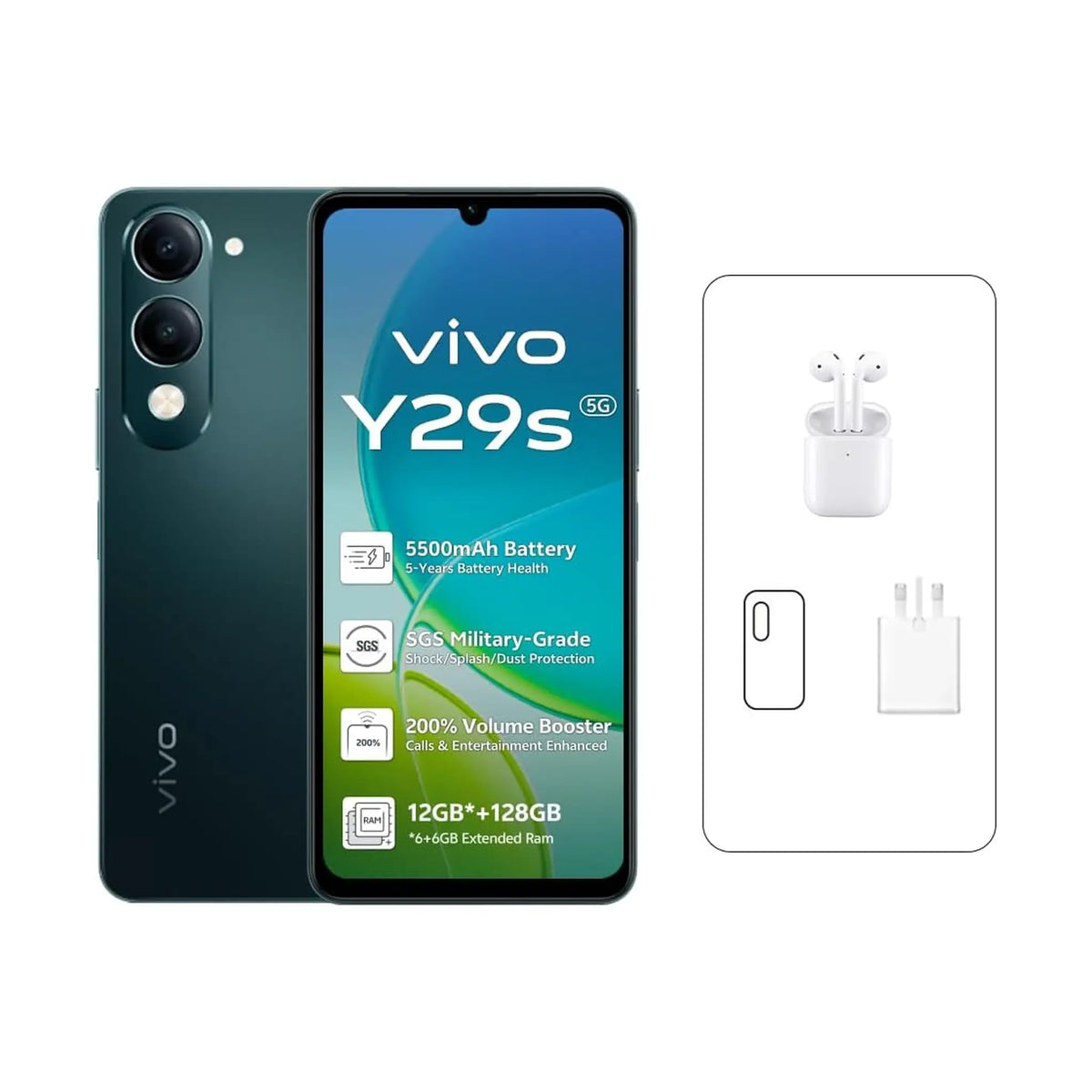 Vivo Y29s AI 5G – 6+6GB RAM, 128GB, 50MP Camera, 6.74" HD+ Display, 5500mAh, IP64 – Jade Green + TWS Earbuds