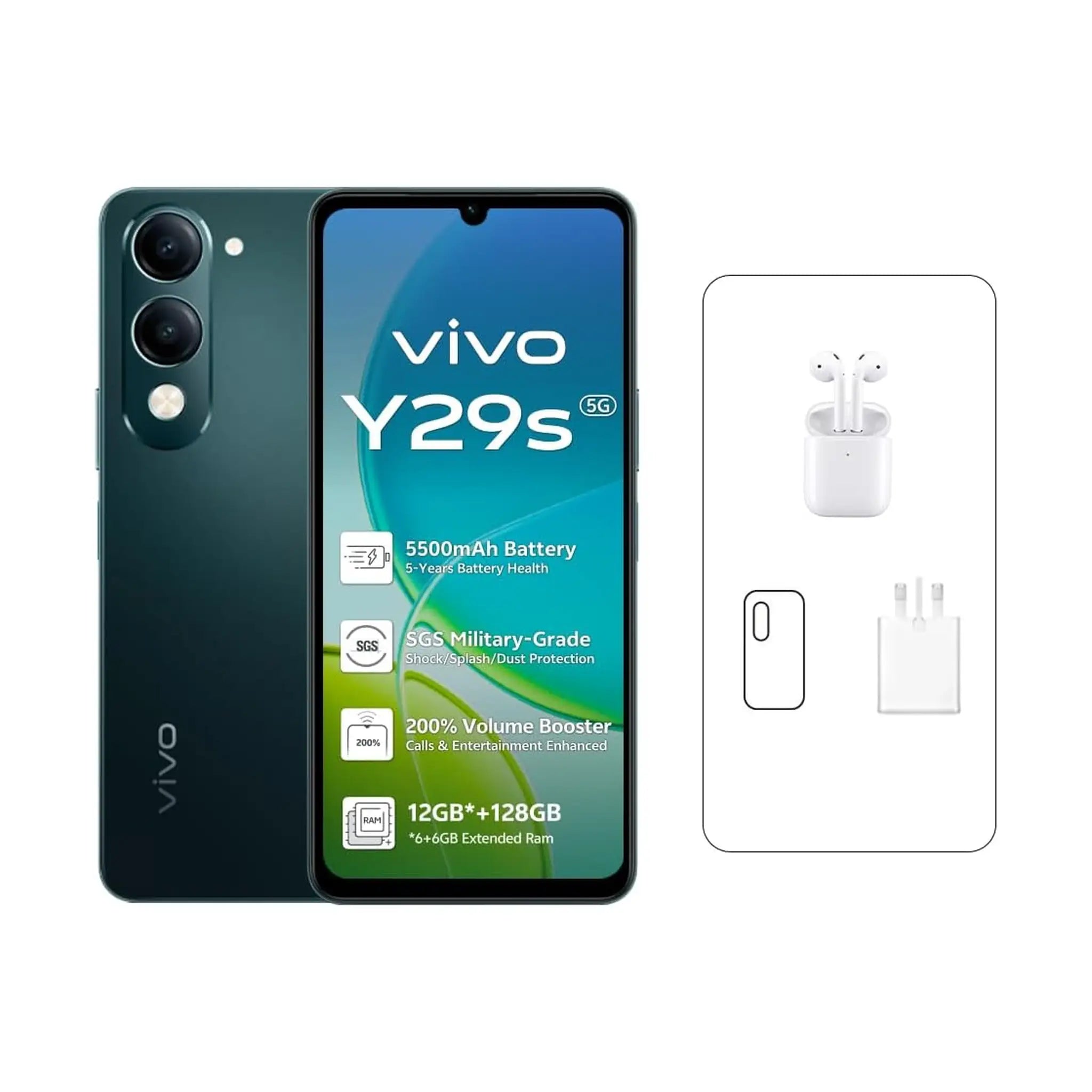 Vivo Y29s AI 5G – 6+6GB RAM, 128GB, 50MP Camera, 6.74" HD+ Display, 5500mAh, IP64 – Jade Green + TWS Earbuds