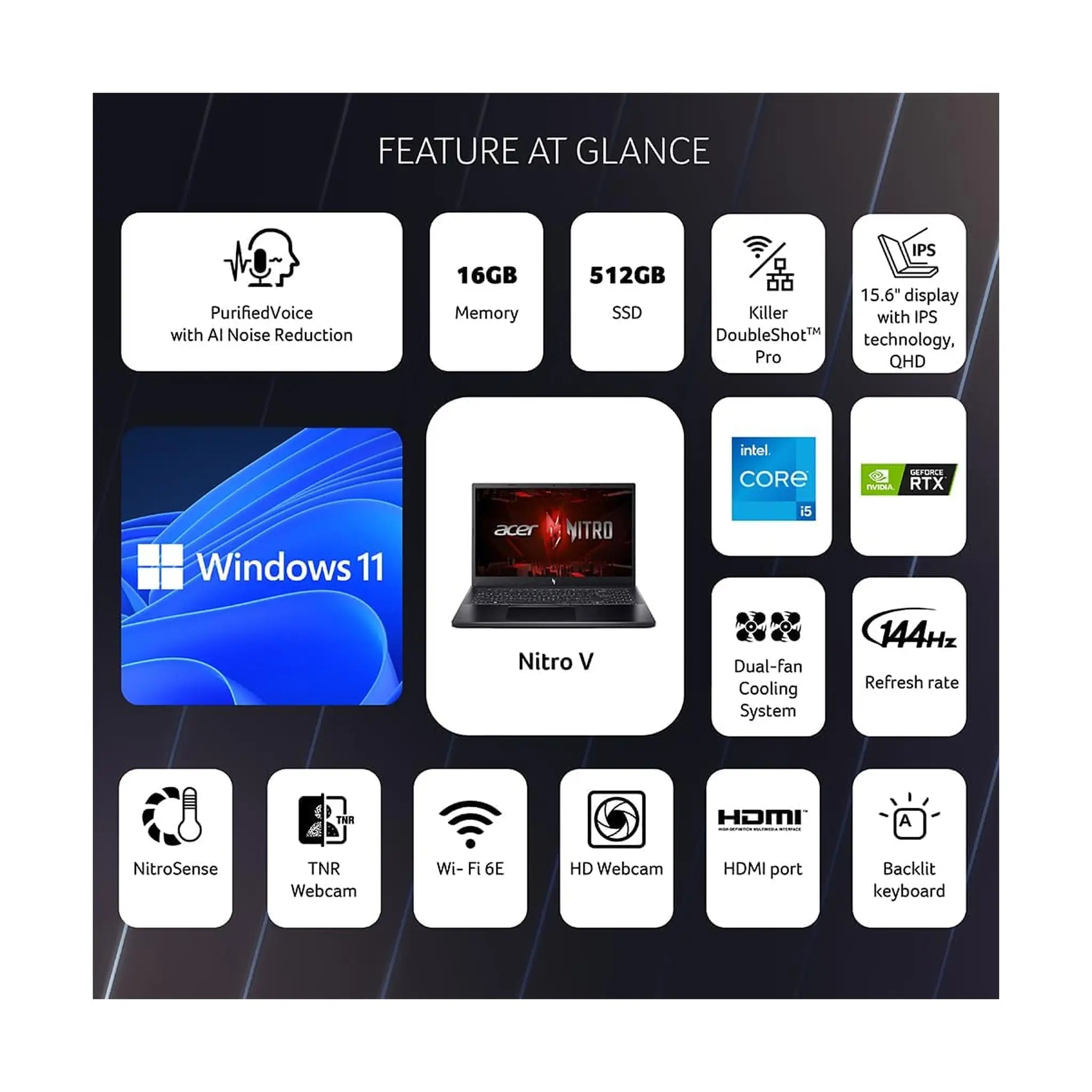 Acer Nitro 5 Gaming Laptop 12th Gen Intel Core i7-12650H 10 Cores Upto 4.70GHz/16GB DDR4 RAM/512GB SSD/6GB NVIDIA GeForce RTX 4050 Graphics/15.6" FHD IPS 144Hz/Win 11 Home/Killer WiFi-6/Obsidian Black
