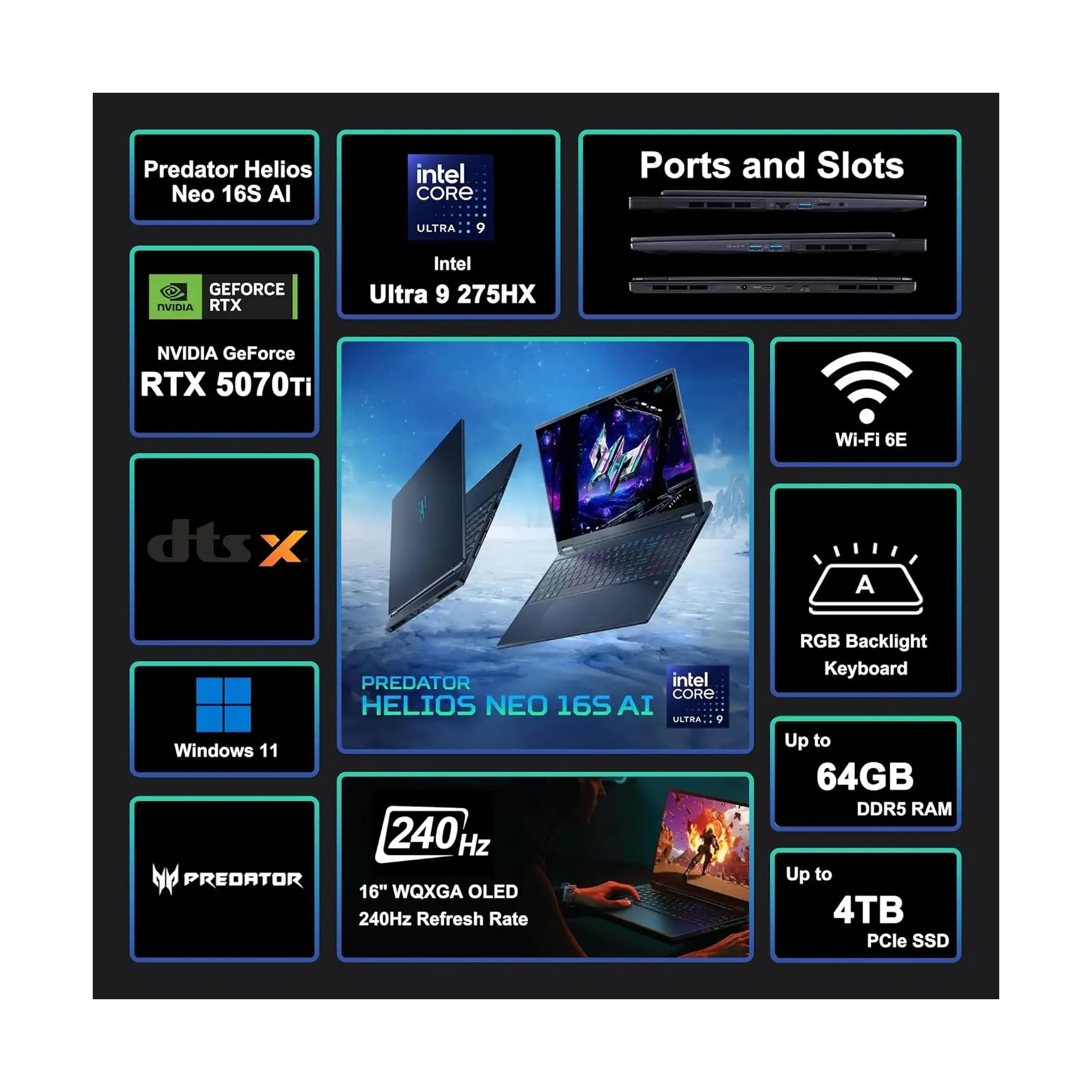 Acer Predator Helios Neo 16S AI Gaming Laptop (2025) – 16" OLED WQXGA  240Hz, Intel Core Ultra 9 275HX
