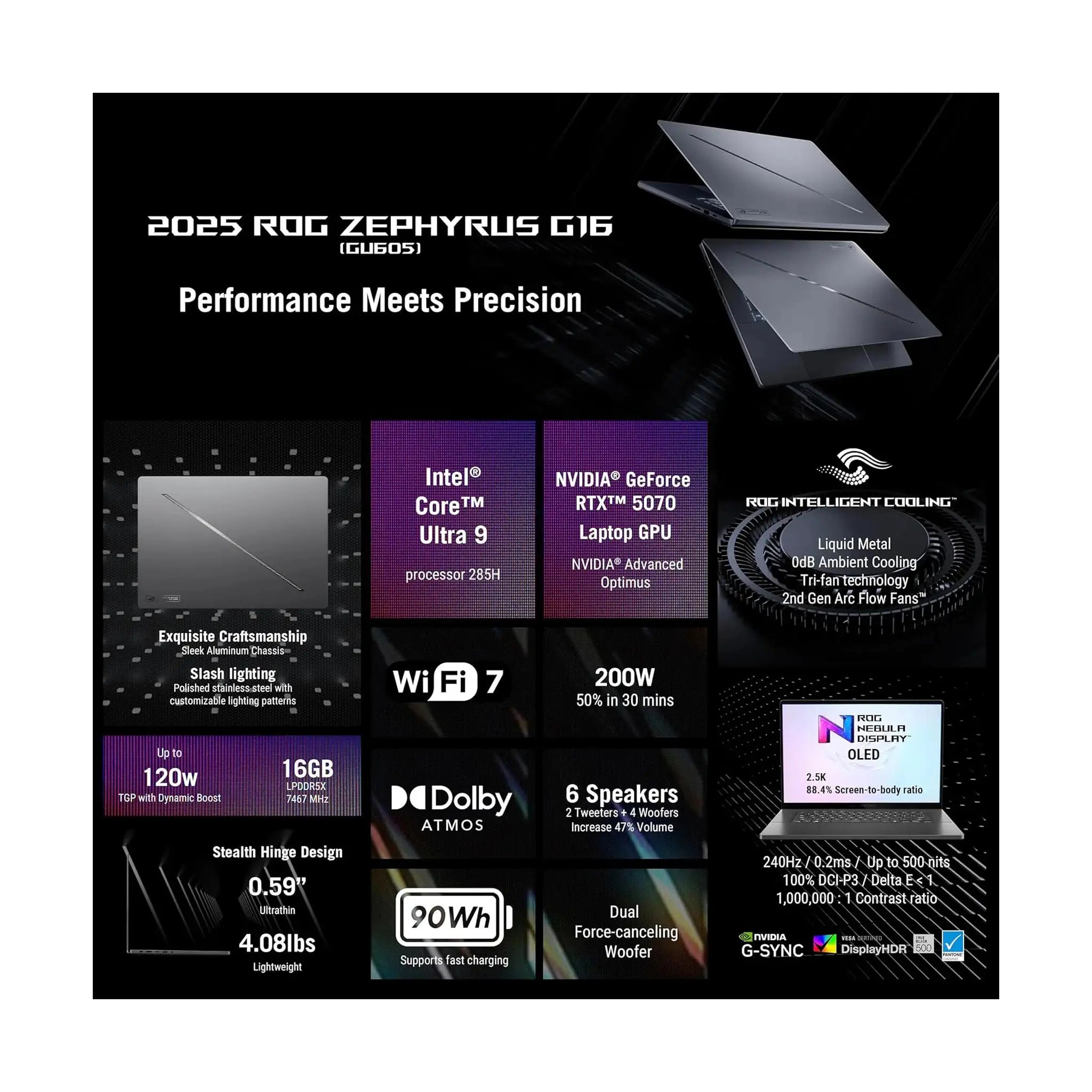ASUS ROG Zephyrus G16 GU605CP (2025) – 16" 2.5K OLED 240Hz, Core Ultra 9-285H, 16GB RAM, 1TB SSD, RTX 5070, Windows 11, Eclipse Gray