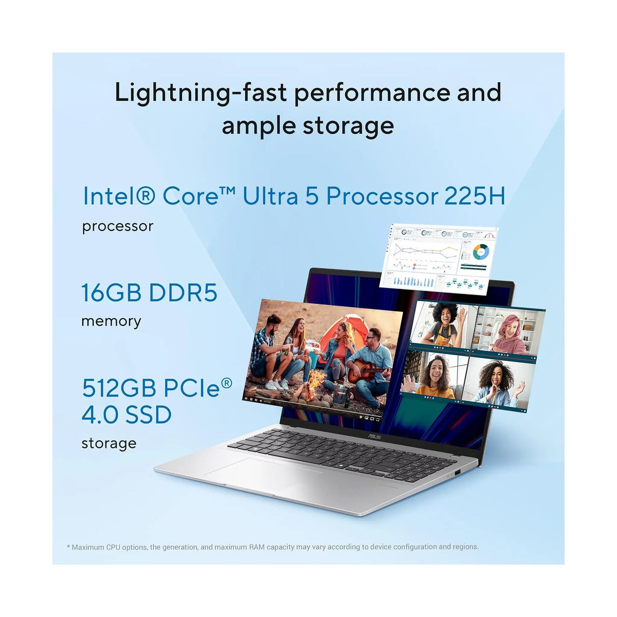 ASUS Vivobook 16 X1607CA Laptop (2025) – 16" WUXGA, Intel Core Ultra 5 225H, 16GB RAM, 512GB SSD, Windows 11, Cool Silver