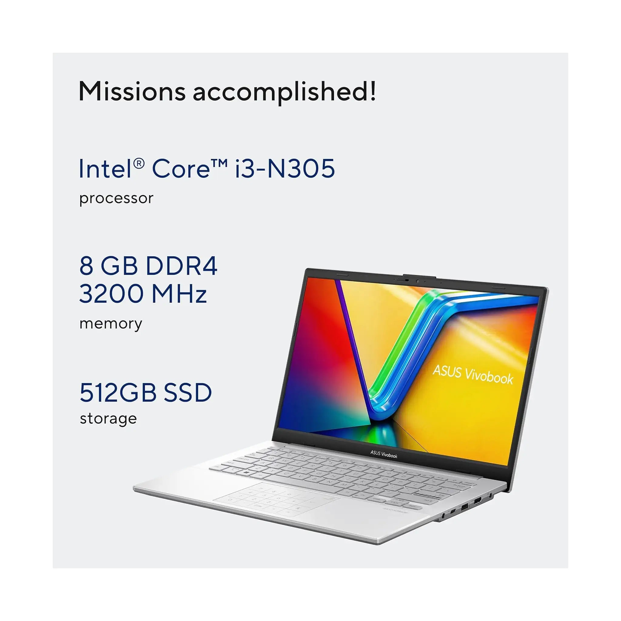 ASUS Vivobook Go 14 14" Laptop (2023) – Intel Core i3-N305, 8GB RAM, 512GB SSD - Silver
