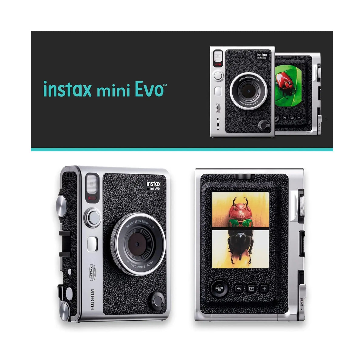 Fujifilm Instax Mini Evo Hybrid Instant Camera Bundle – Black, with 2x Mini Twin Pack Film