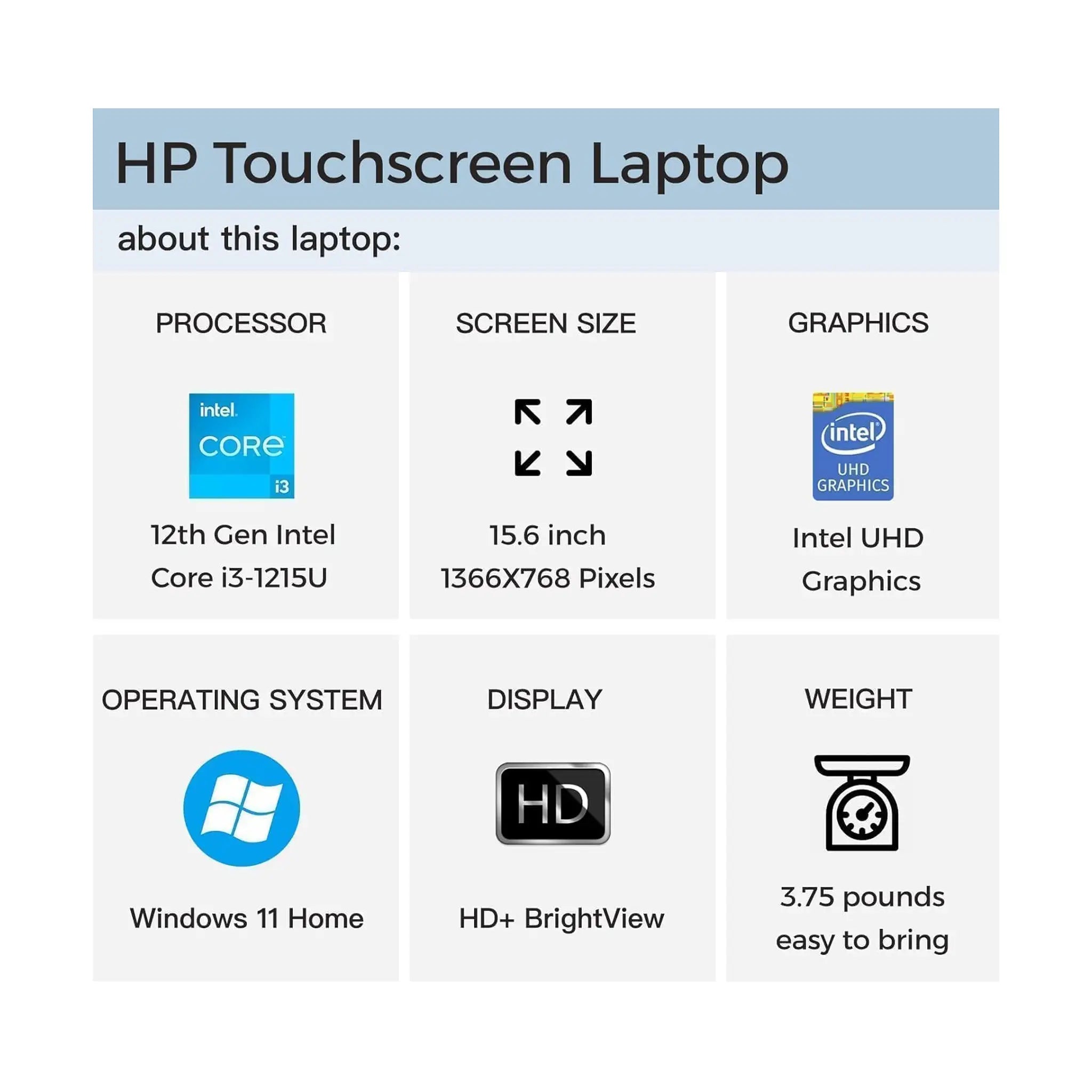 HP 15.6" HD Touch Laptop – Intel Core i3-1215U, Windows 11 Home