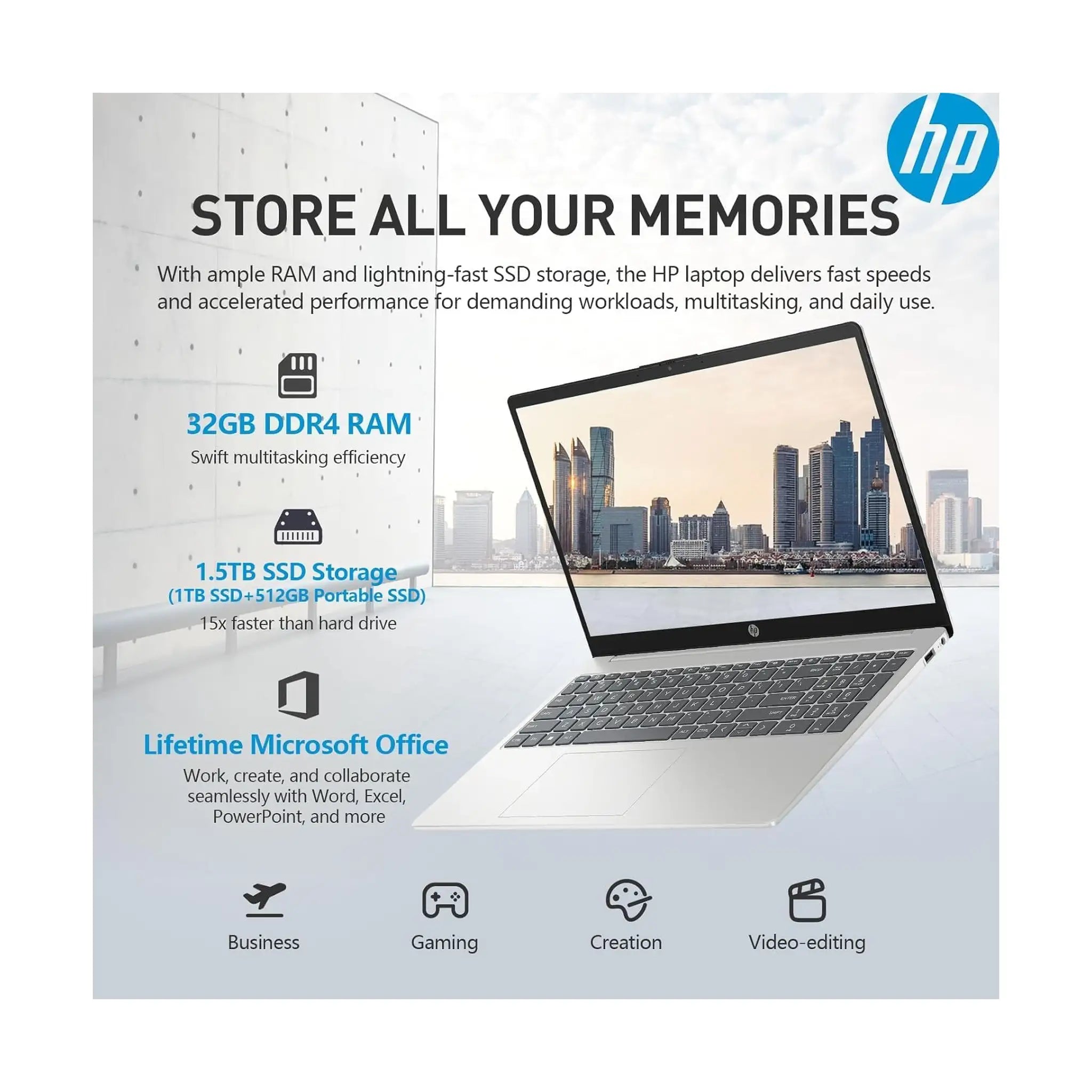HP 15.6" Laptop (2025) – FHD, Intel Core i5, 32GB RAM, 1.5TB SSD, Windows 11 Pro