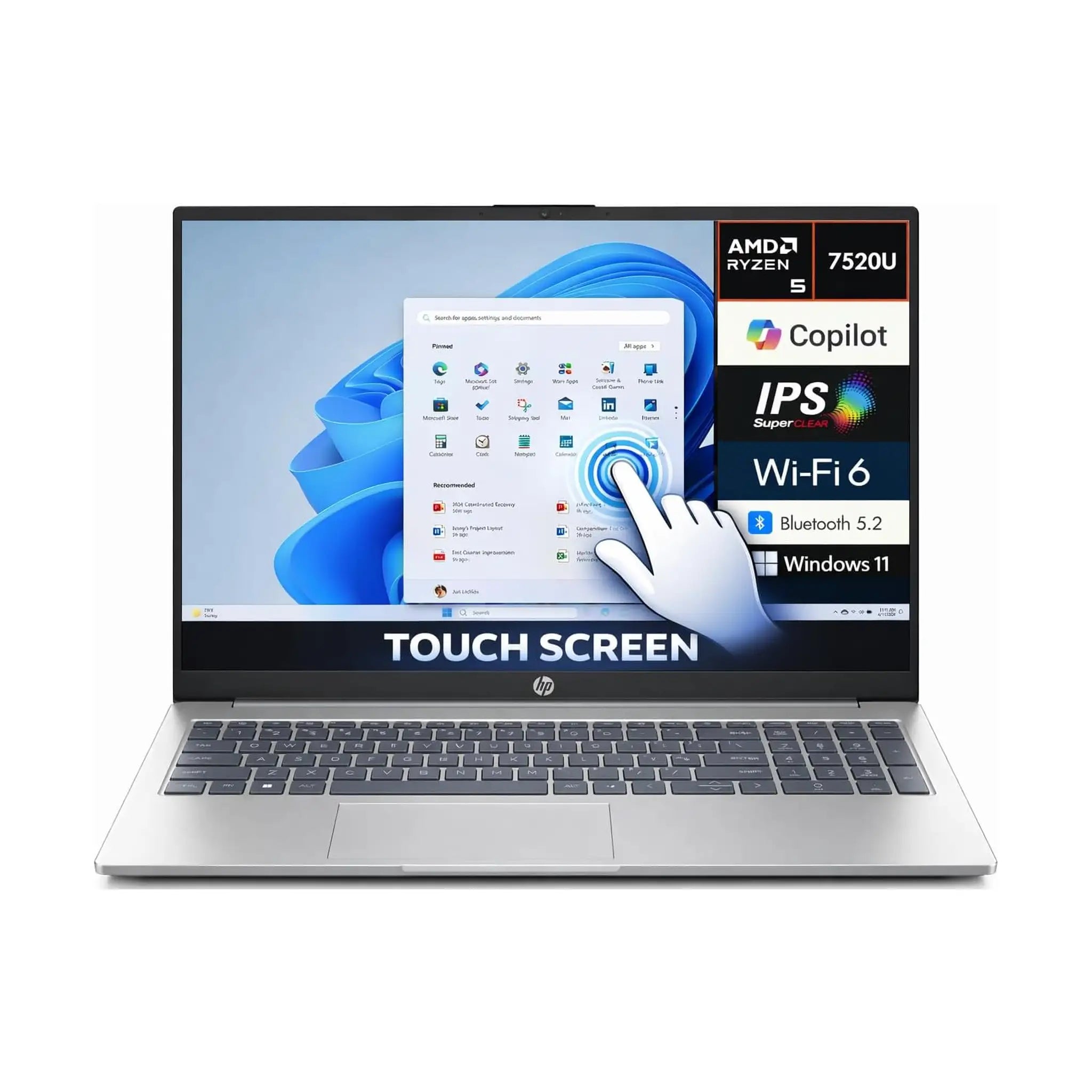 HP 15 Laptop (2023) ‚Äì 15.6" FHD TouchScreen, AMD Ryzen 5-7520U, 8GB RAM LPDDR5, 512GB SSD, Windows 11, Natural Silver [15-FC0146DX]