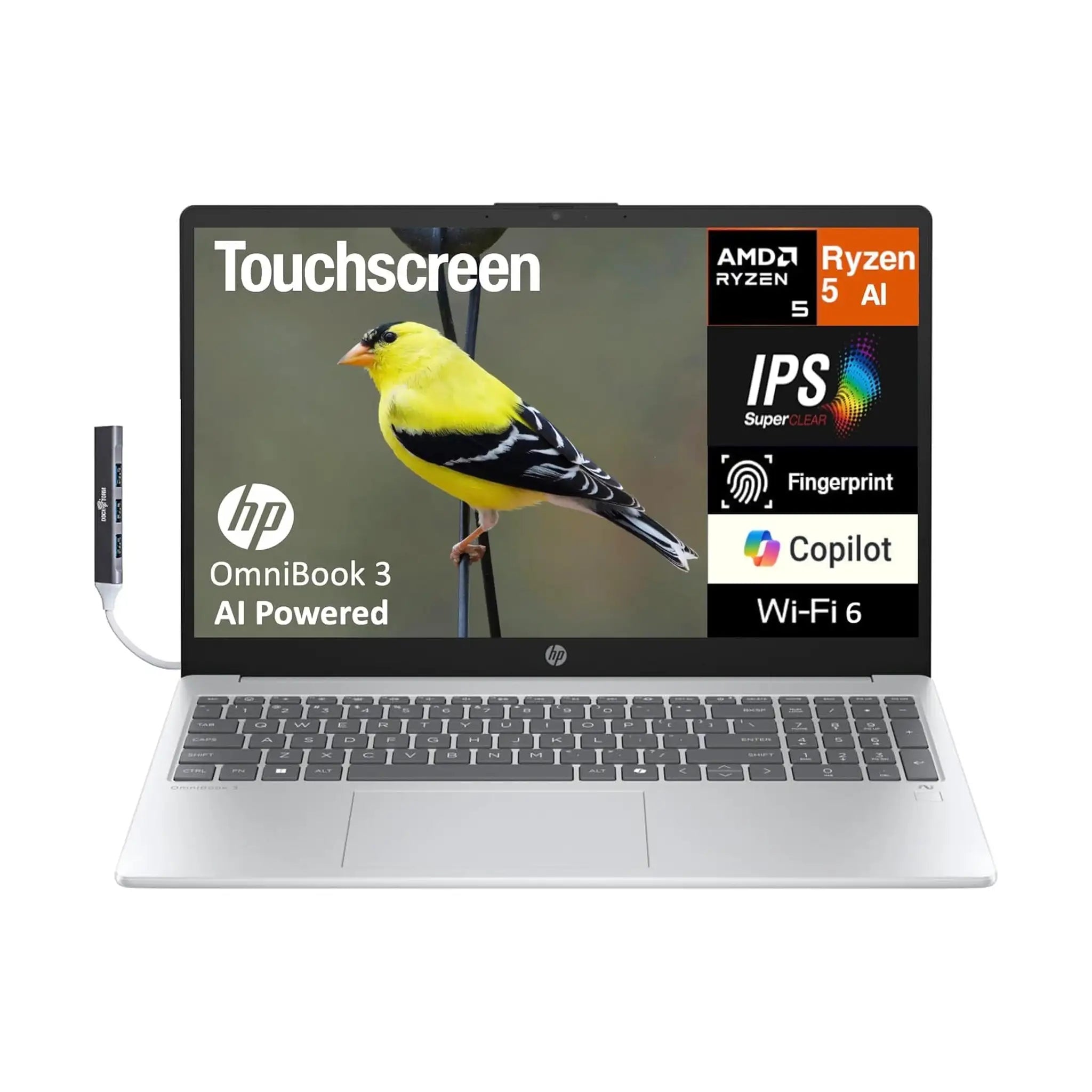 HP OmniBook 3 15.6" Next Gen AI Laptop (2025) – FHD Display Touchscreen, 16GB RAM DDR5, 512GB SSD, AMD Ryzen AI 5 330, Radeon 820M Graphics, Windows 11 Pro, Glacier Silver