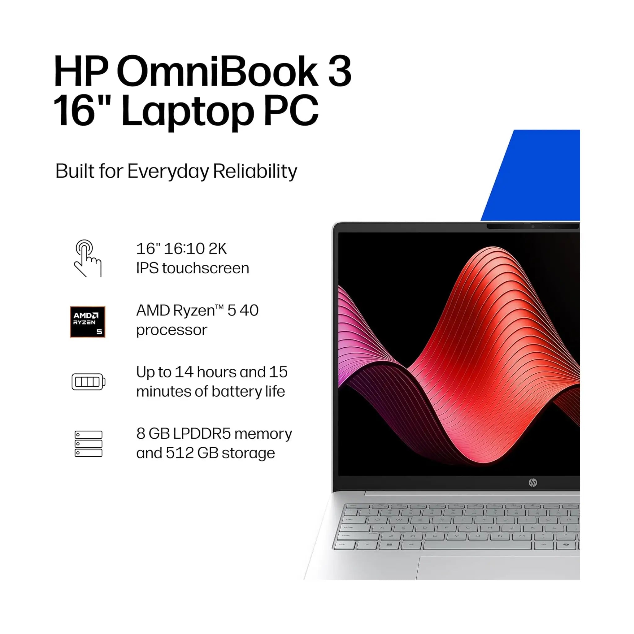 HP OmniBook 3 (2025) Laptop – 16" 2K Touch, AMD Ryzen 5 40, 16GB RAM, 256GB SSD, Radeon 610M, Windows 11 Home, Glacier Silver