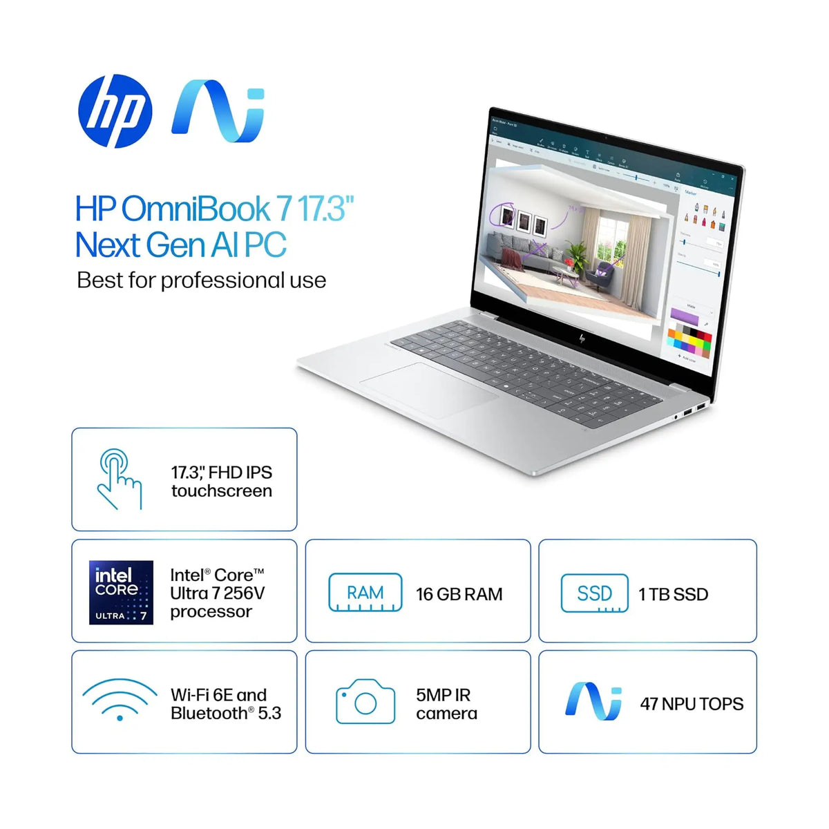 HP OmniBook 7 17.3" Laptop (2025) – FHD Touch, Intel Core Ultra 7 256V, 16GB RAM, 1TB SSD, Intel Arc 140V, Windows 11 Home [17-dc0000nr]