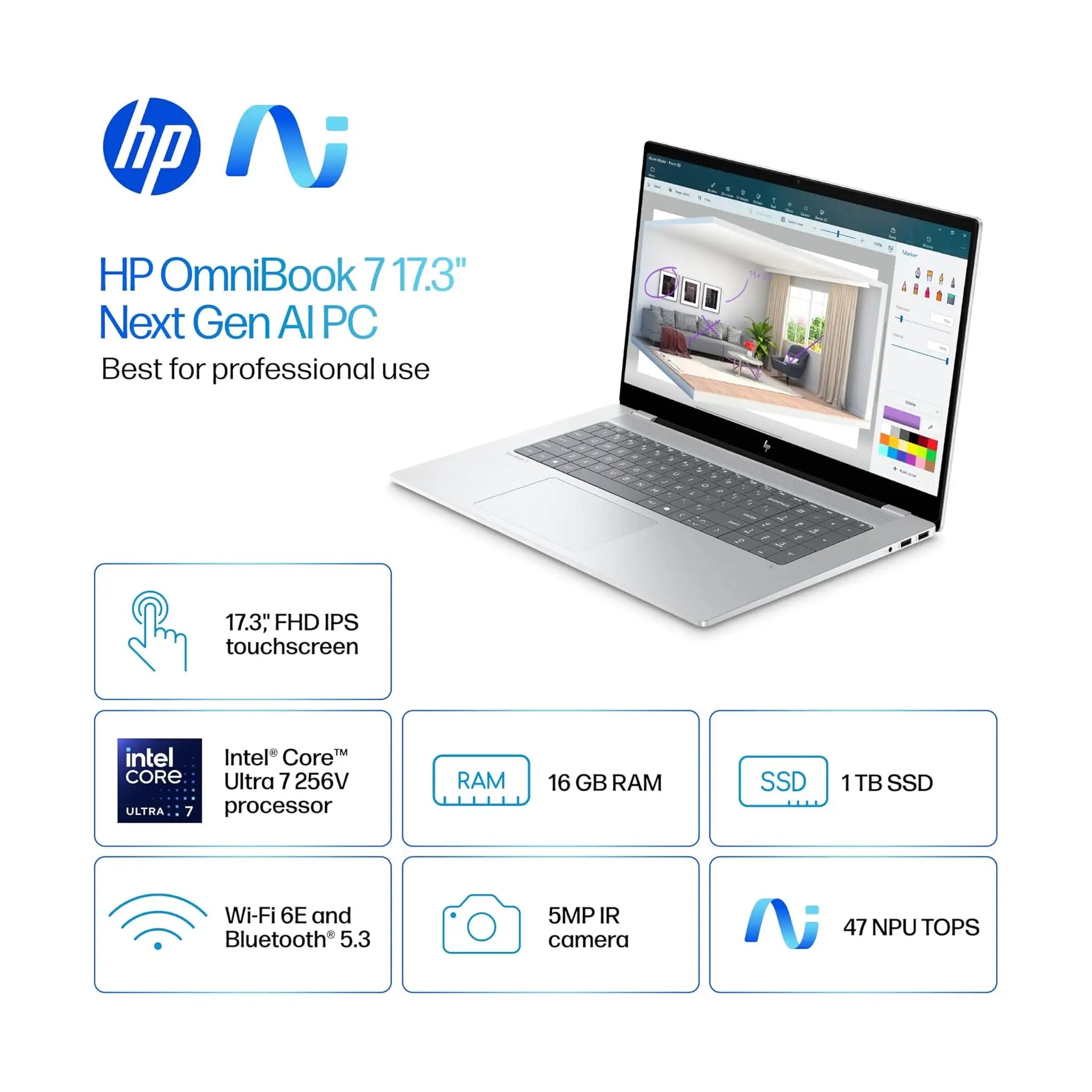 HP OmniBook 7 17.3" Laptop (2025) – FHD Touch, Intel Core Ultra 7 256V, 16GB RAM, 1TB SSD, Intel Arc 140V, Windows 11 Home [17-dc0000nr]