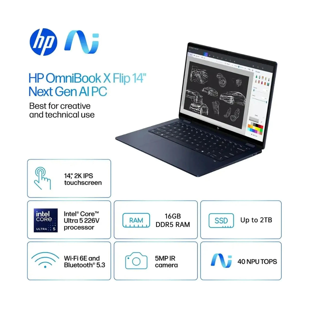 HP OmniBook X Flip 14-fm0013dx 2-in-1 Laptop (2025) – 14" WUXGA IPS Touch, Intel Core Ultra 5 226V, 16GB RAM, Intel Arc 130V Graphics, Windows 11 Home, Atmospheric Blue