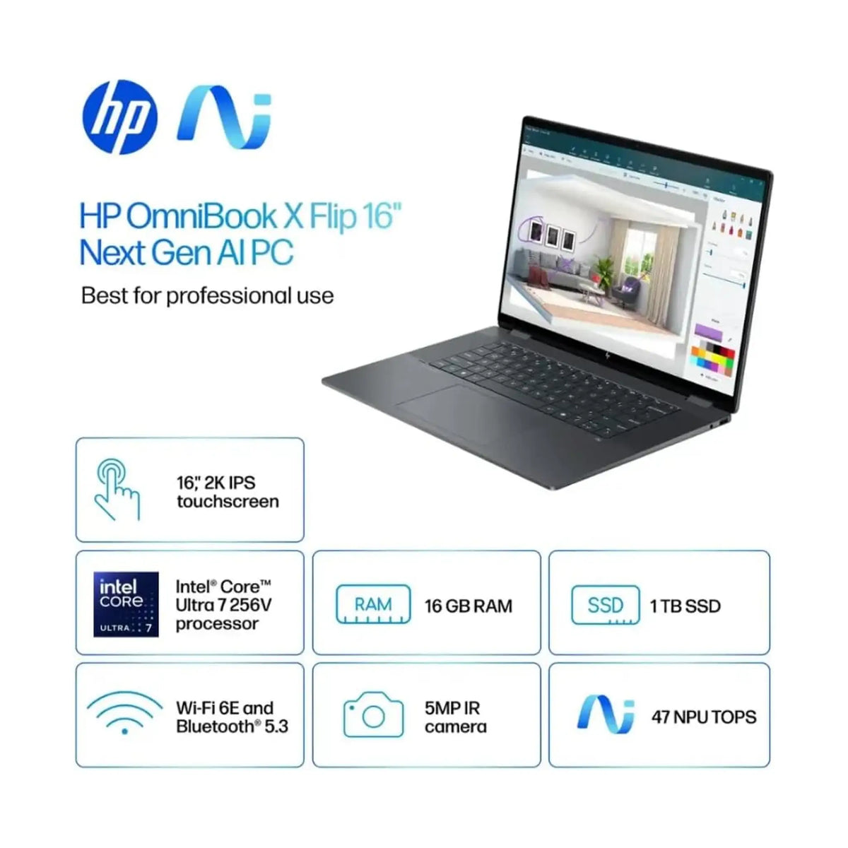 HP OmniBook X Flip 16 2-in-1 Laptop (2025) – 16" 2K Touch, Intel Core Ultra 7 256V, 16GB RAM, Windows 11, Stylus Pen Included