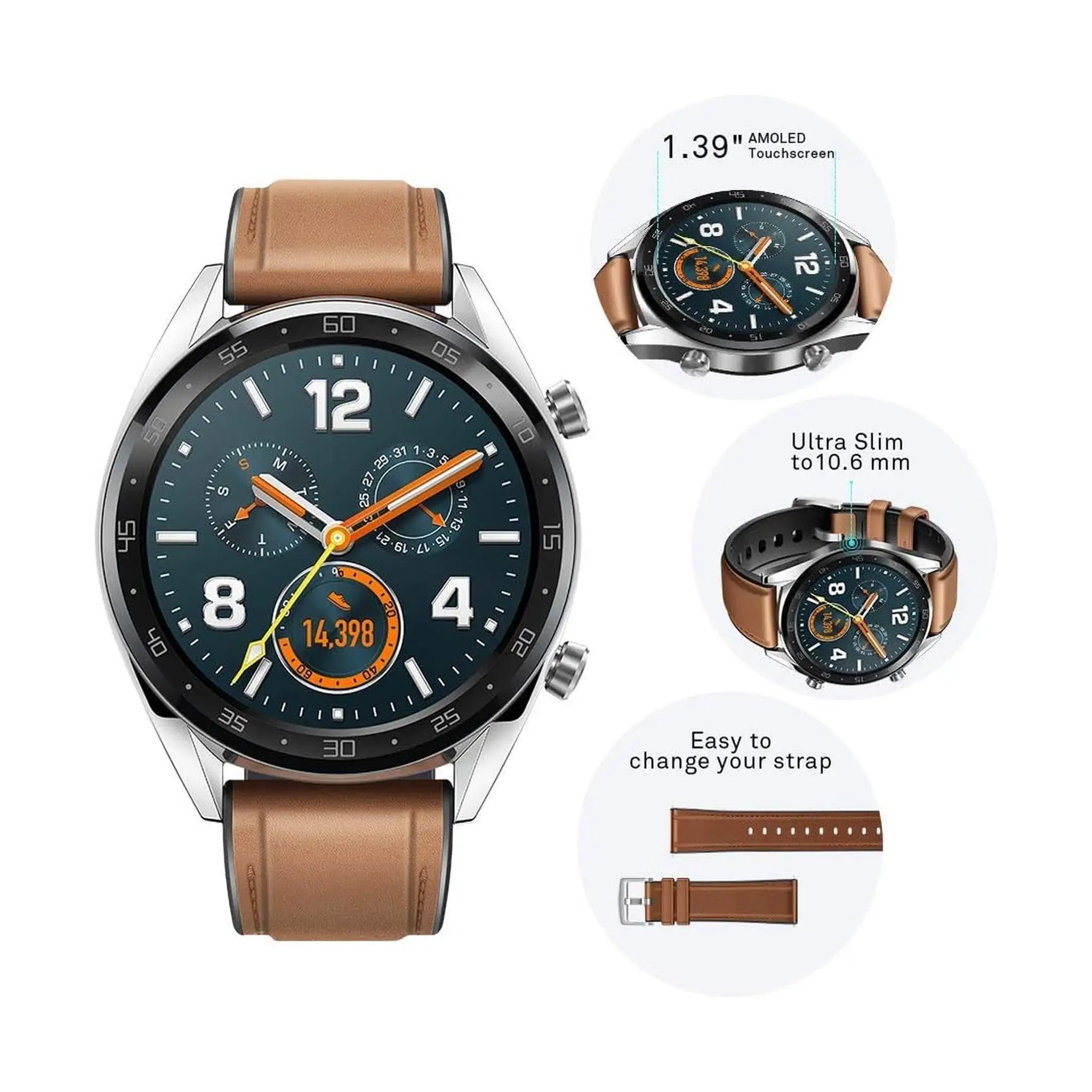 Huawei Watch GT Classic Stainless Steel, Hybrid Strap -  Saddle Brown