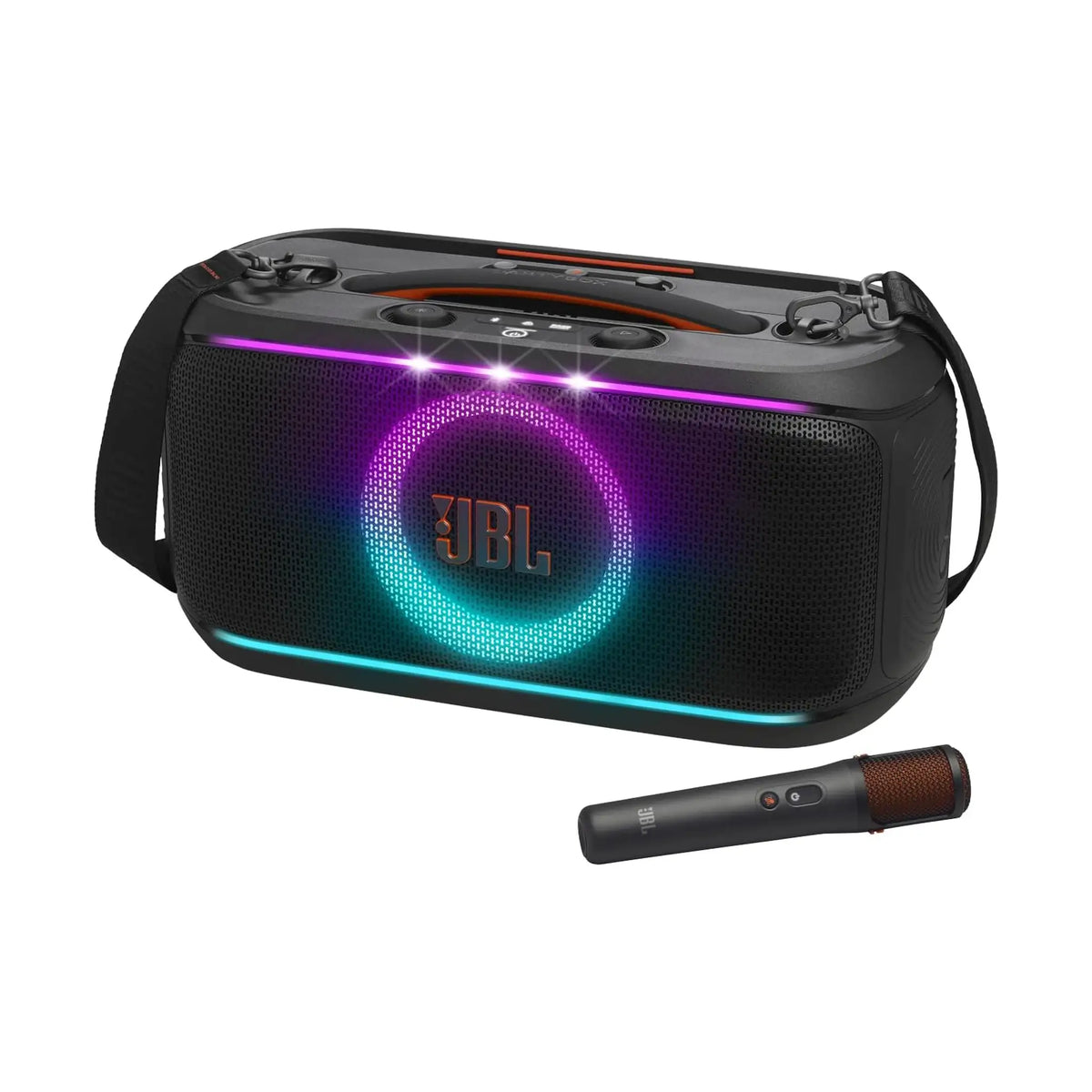 JBL PartyBox On-The-Go 2 Portable Party Speaker – Wireless Mic, JBL Pro Sound, Dynamic Lightshow, Splashproof, Shoulder Strap, Up to 15H Playtime, Black