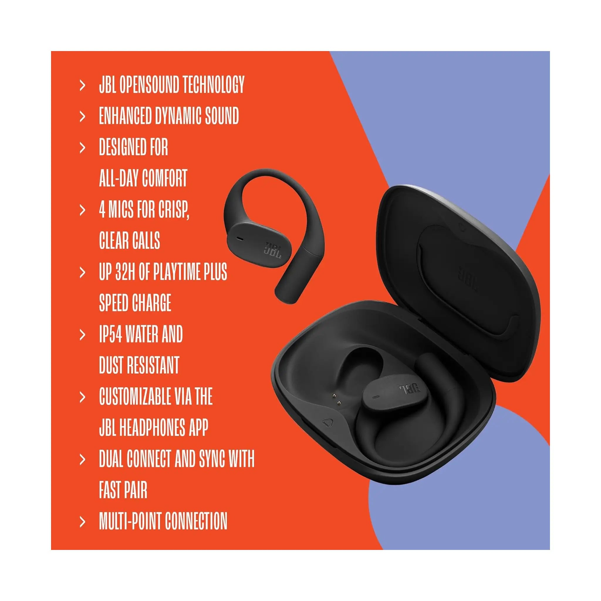 JBL Sense Lite Wireless Earbuds – Open Design with Ear Hook, JBL OpenSound, 32H Battery, IP54