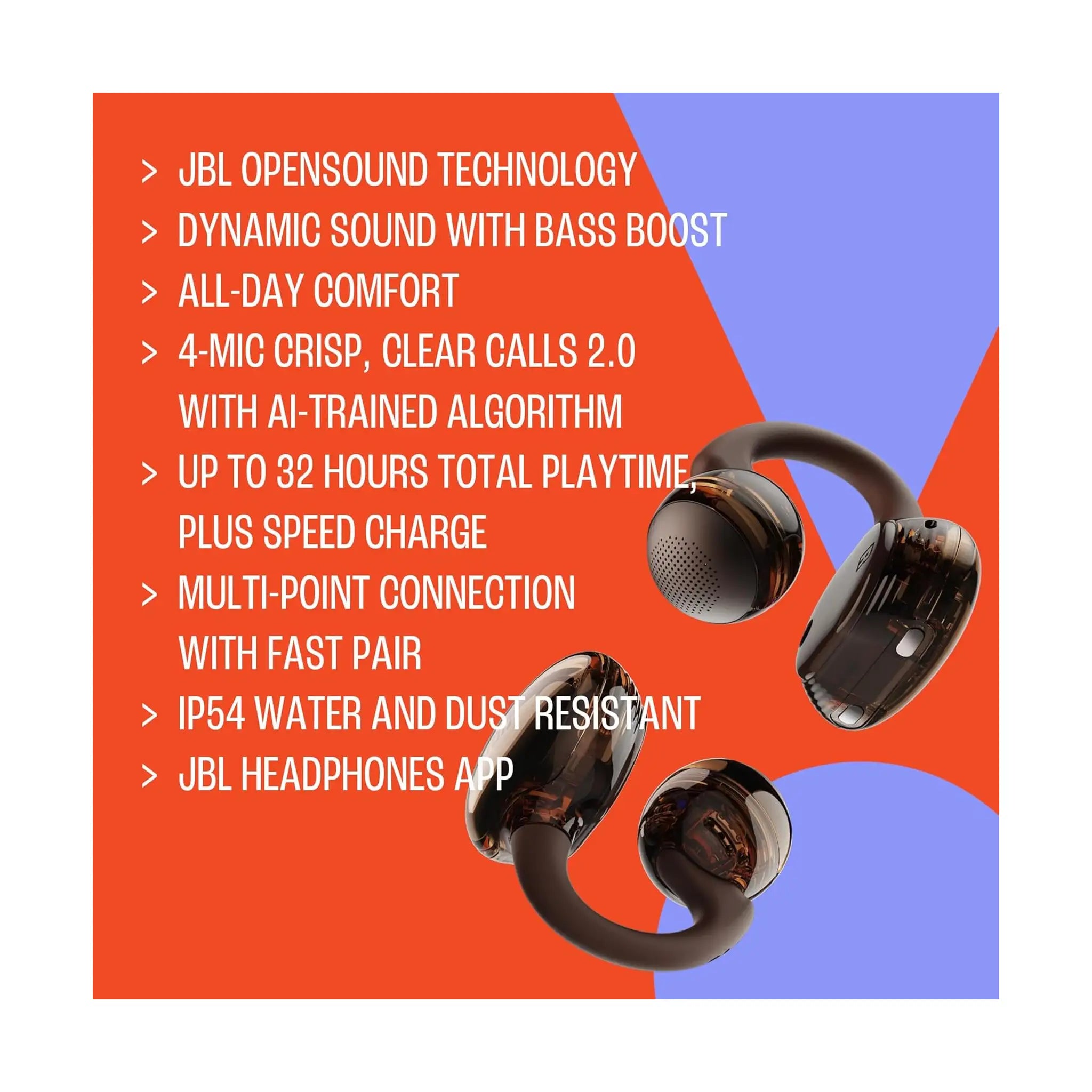 JBL Soundgear Clips True Wireless Open-Ear Headphones – SonicArc, JBL OpenSound, 32H, IP54