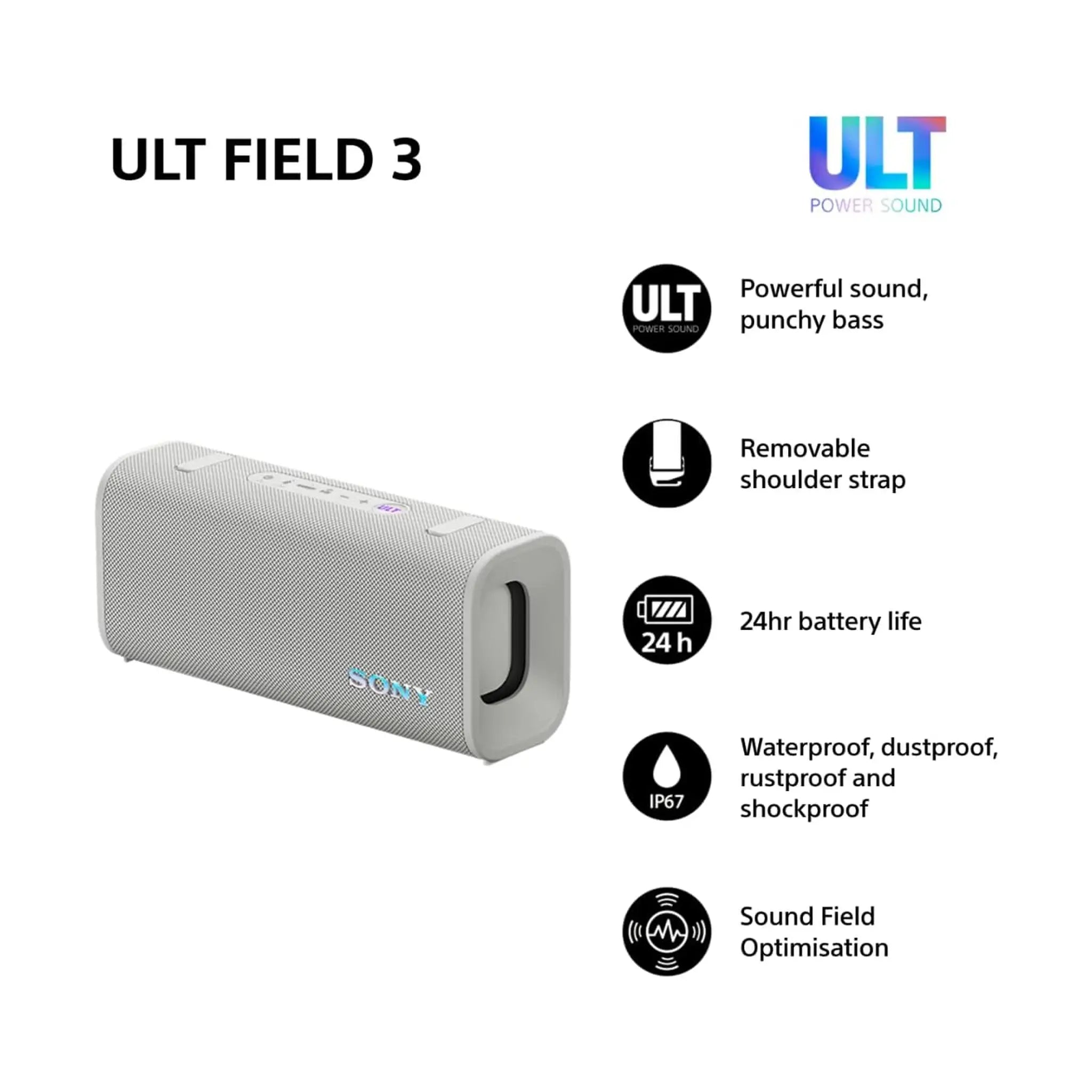 Sony ULT Field 3 Wireless Portable Bluetooth Speaker – IP67 Waterproof, Shockproof, Enhanced Bass, 24-Hour Battery, Shoulder Strap