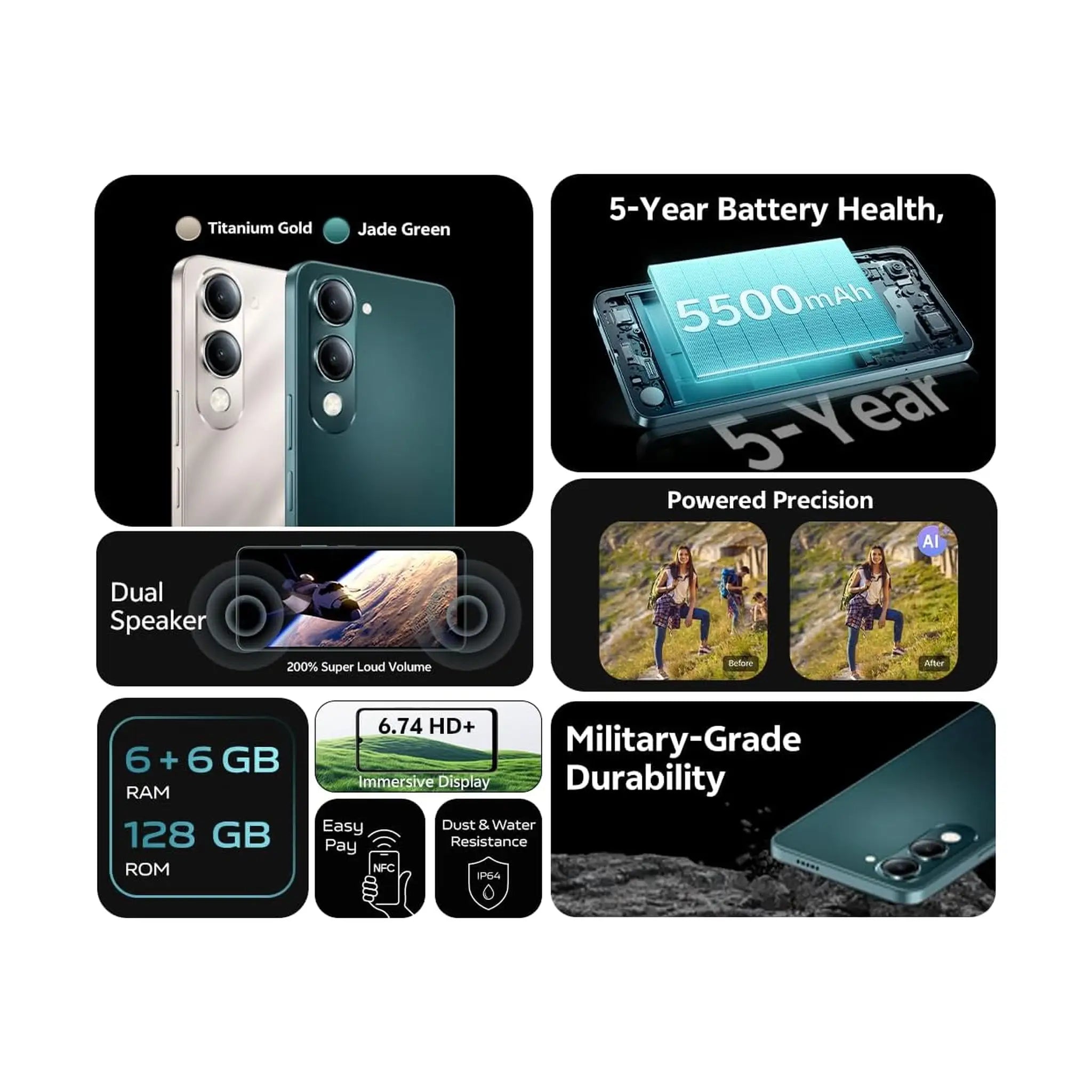 Vivo Y29s AI 5G – 6+6GB RAM, 128GB, 50MP Camera, 6.74" HD+ Display, 5500mAh, IP64 – Jade Green + TWS Earbuds